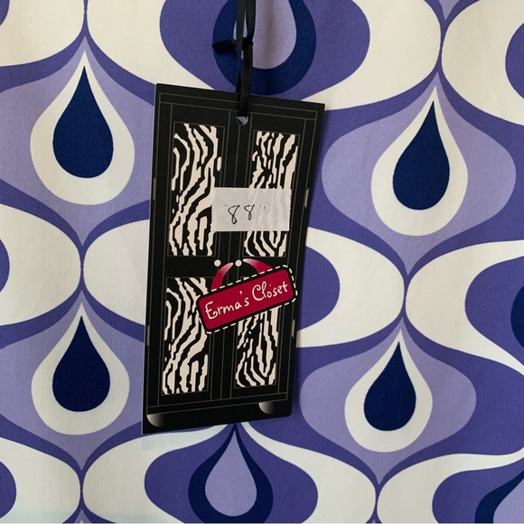 Erma’s Closet (NWT) (S) Dress, Round Neck, Purple Fun Pattern w/Belled Sleeves - Picture 3 of 6